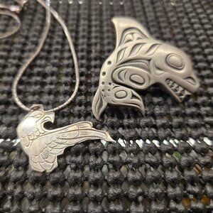 First Nations Jewelry Orca pin Raven or crow pendant on silver/metal chain